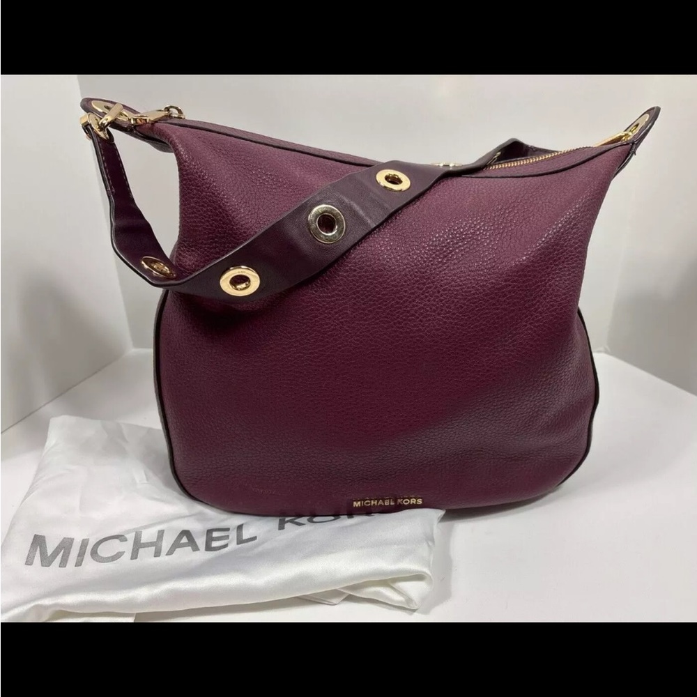 Michael Kors Plum Burgundy Raven Brooklyn Grommet Leather Hobo Shoulder Bag